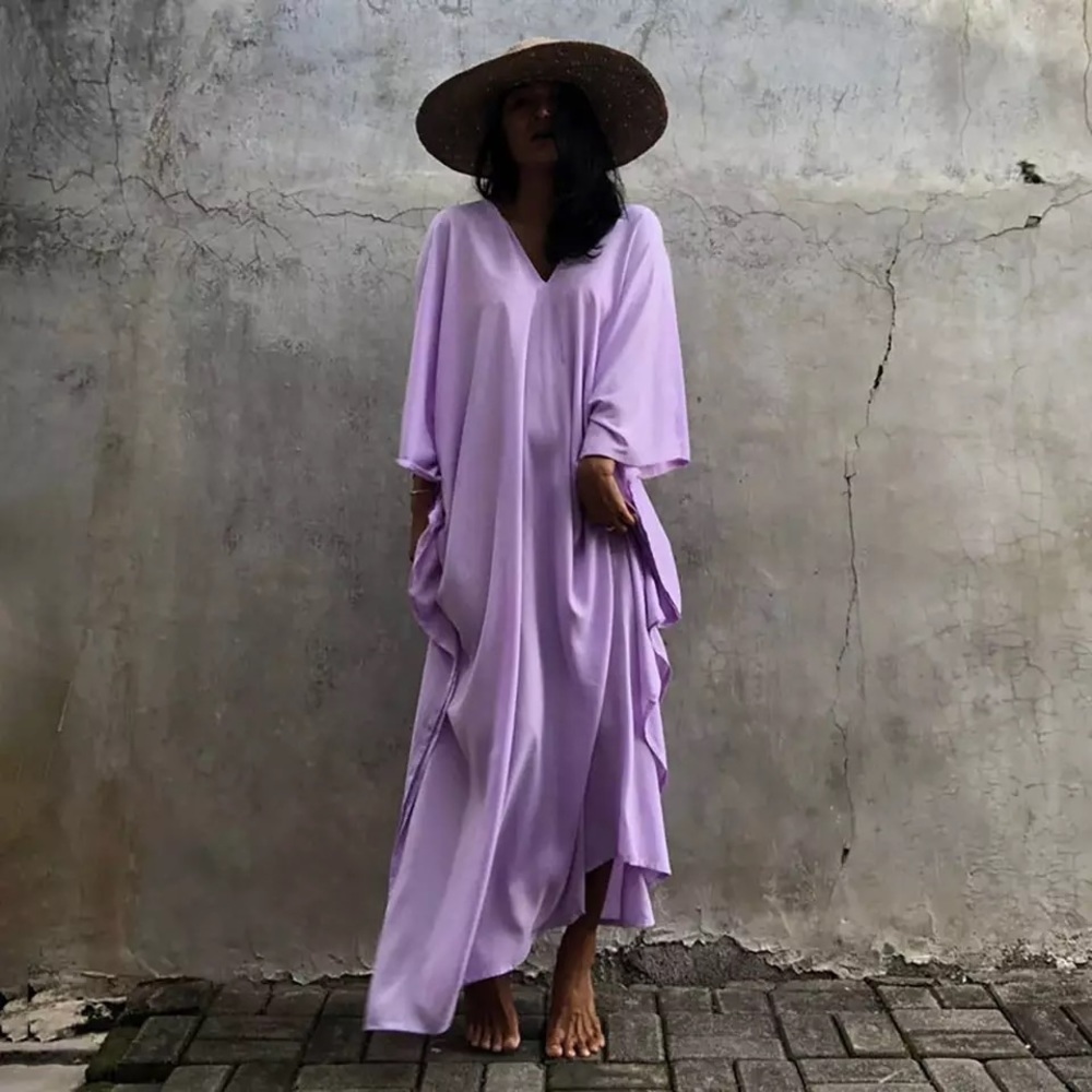 Lilac Shine Boho Cotton Kimono Flowy Oversized Kaftan Dress Maxi, S - Plus Size - Picture 3 of 6